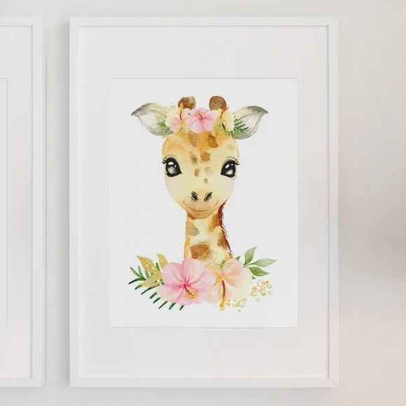Cute Floral Giraffe Watercolor Wall Art Print Poster Unframed - Picture 4 of 15